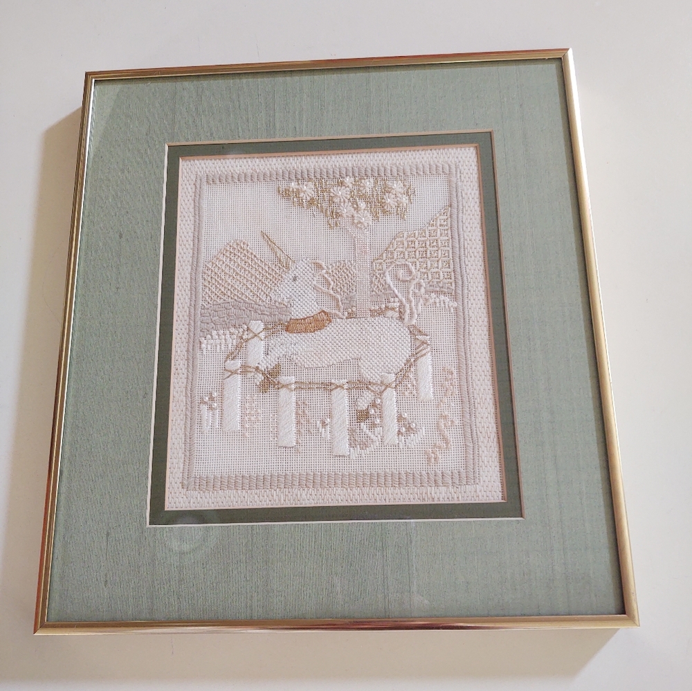 Vintage handmade crewelwork of unicorn